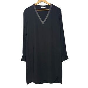 Vince Black V-Neck Dress with Faux Leather Trim Womens 2 Round Hem Pockets